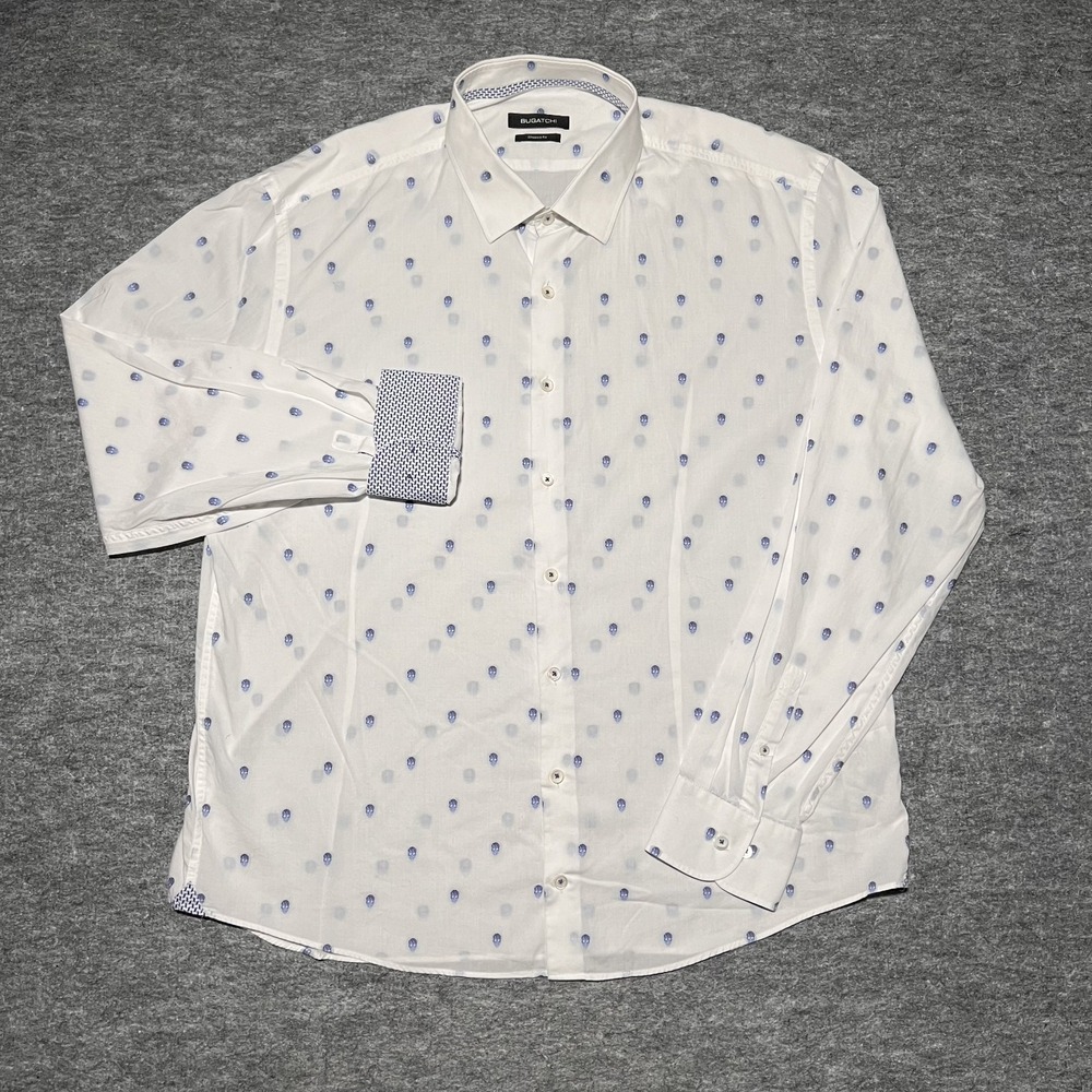 Bugatchi Shirt Men Sz L White Skull Long Sleeve Button Flip Cuff Shaped‎ Fit